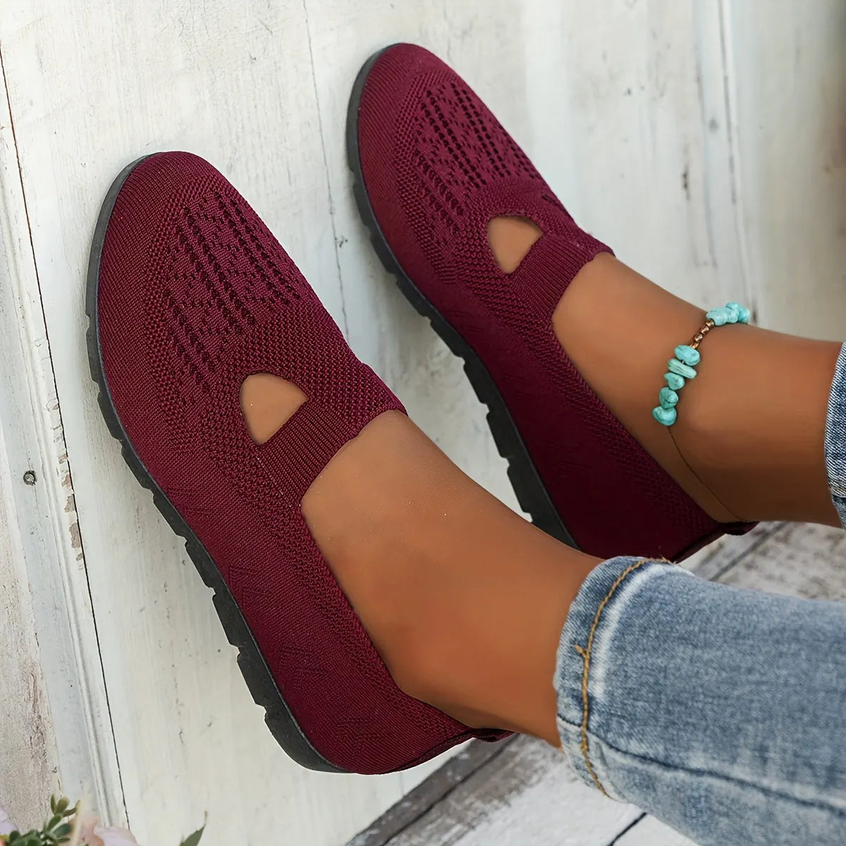 Black Knit Ballet Flats for Women — Bella Slip-On Cutout Mary - Wall Pose Repeat