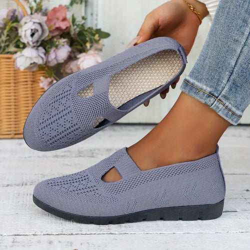 Blue Knit Ballet Flats for Women — Bella Slip-On Cutout Mary - Hand Hold Side Pose