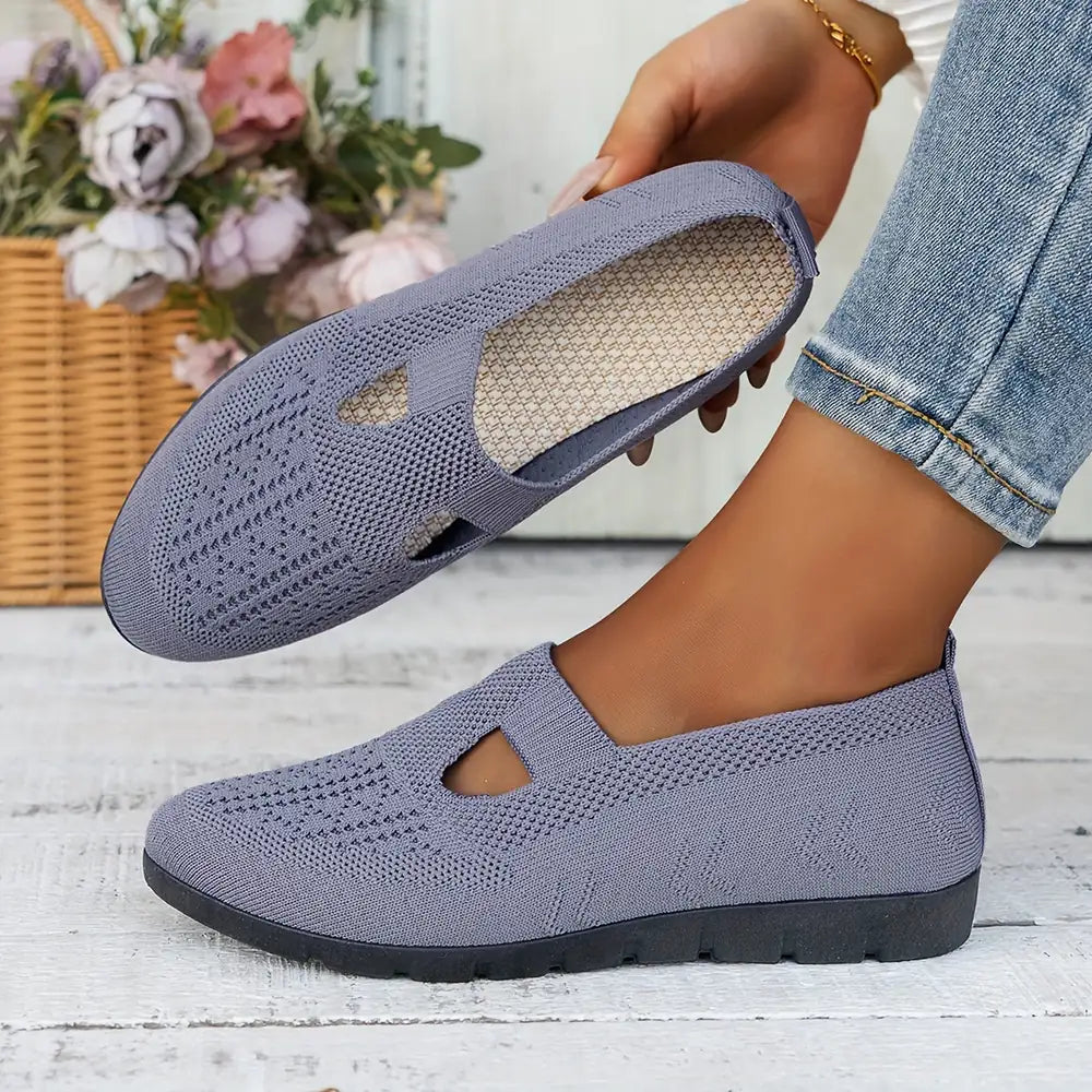 Blue Knit Ballet Flats for Women — Bella Slip-On Cutout Mary - Side Hold Detail Basket