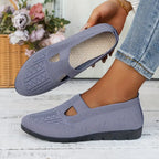 Blue Knit Ballet Flats for Women — Bella Slip-On Cutout Mary - Standing Jeans Close