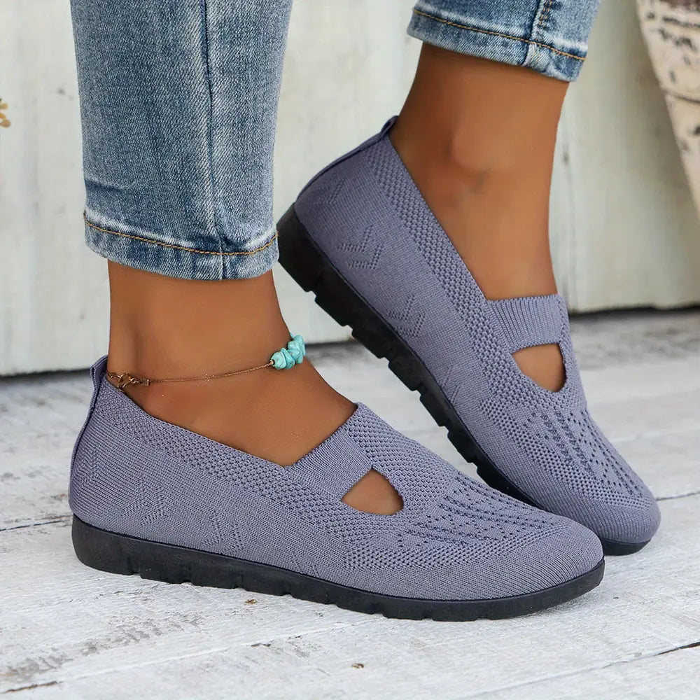 Blue Knit Ballet Flats for Women — Bella Slip-On Cutout Mary - Standing Jeans Pose