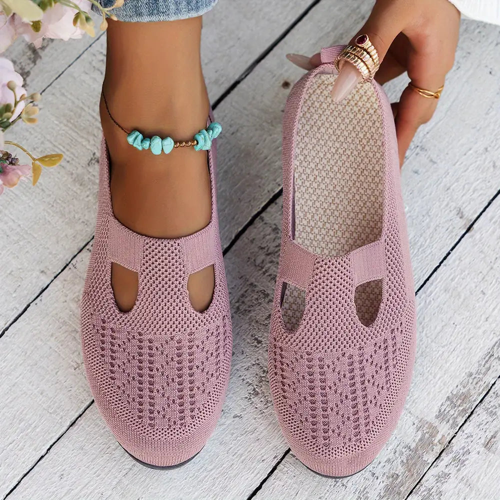 Pink Knit Ballet Flats for Women — Bella Slip-On Cutout Mary - Front Worn Basket Background