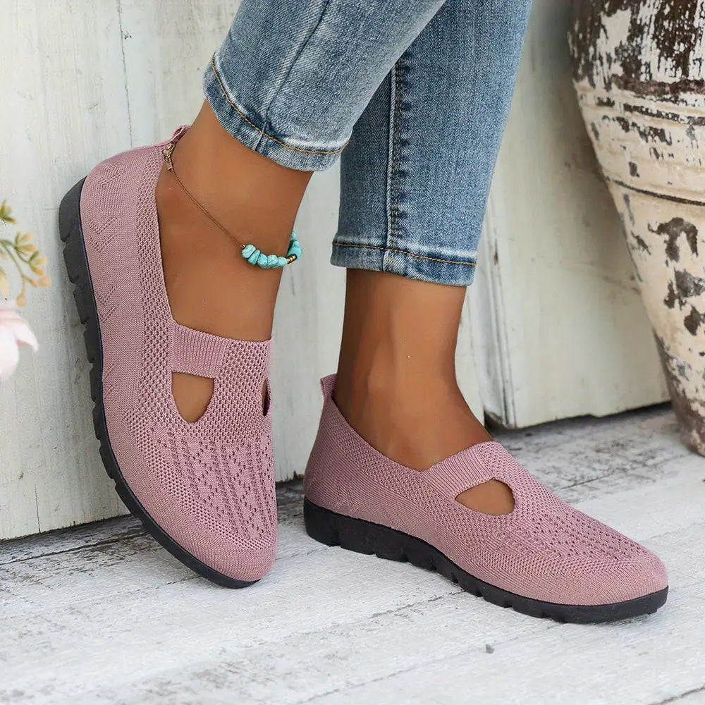 Pink Knit Ballet Flats for Women — Bella Slip-On Cutout Mary - Worn Lifestyle Flowerpot