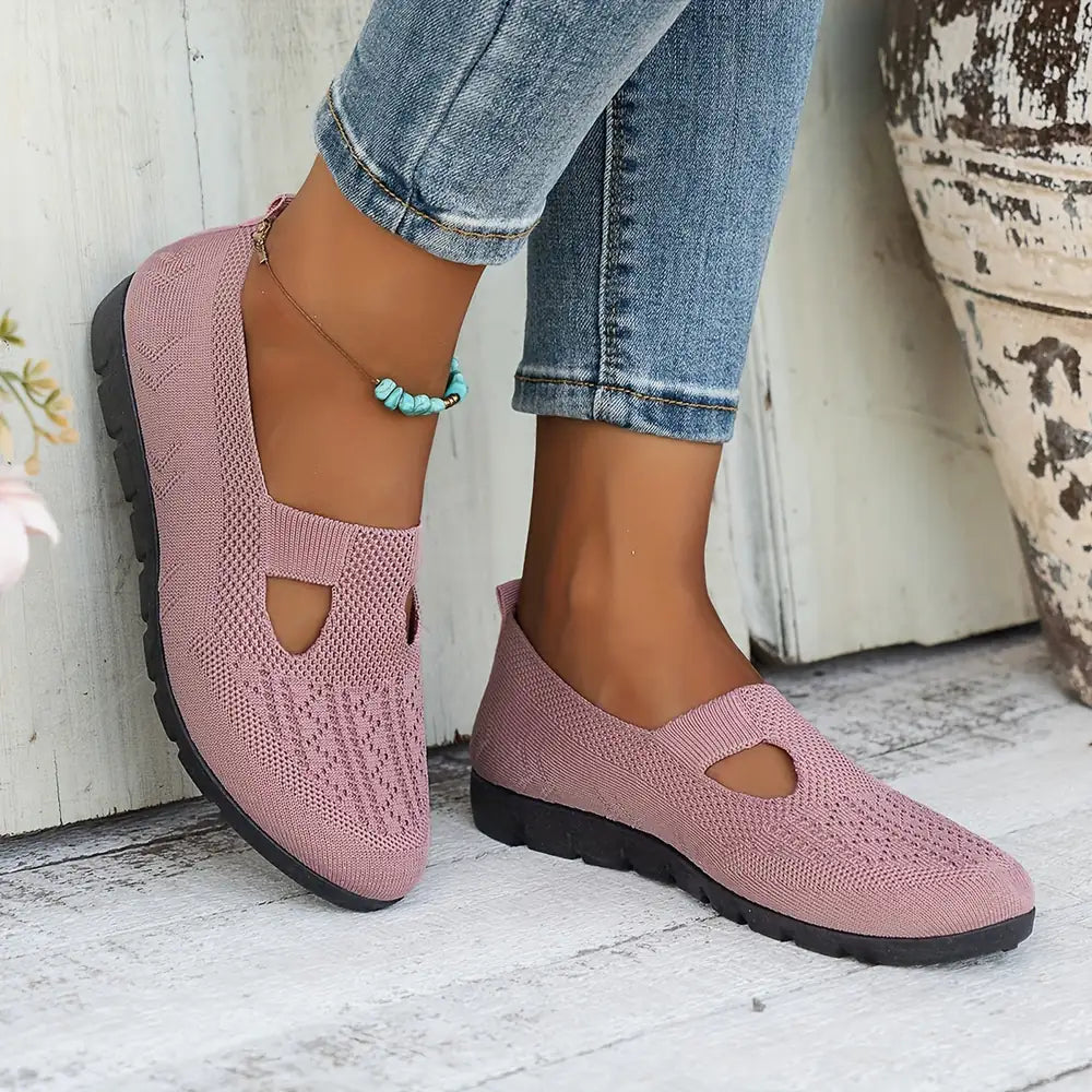 Pink Knit Ballet Flats for Women — Bella Slip-On Cutout Mary - Worn Pot Background Side