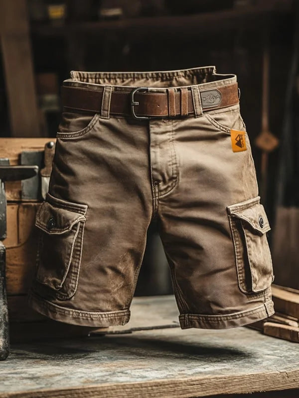 Khaki Men's Cargo Shorts — Hugo Multi-Pocket Belted Workwear - Front Angled