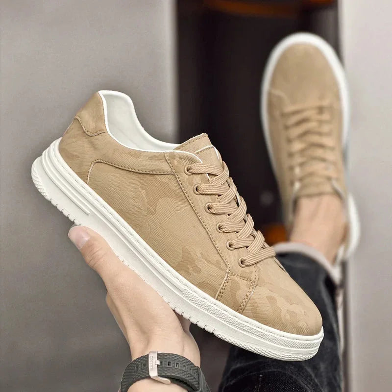 Beige Men's Lace-Up Camo-Textured Sneakers — Zora Cushioned Low-Top Casual - Hand Held Angle
