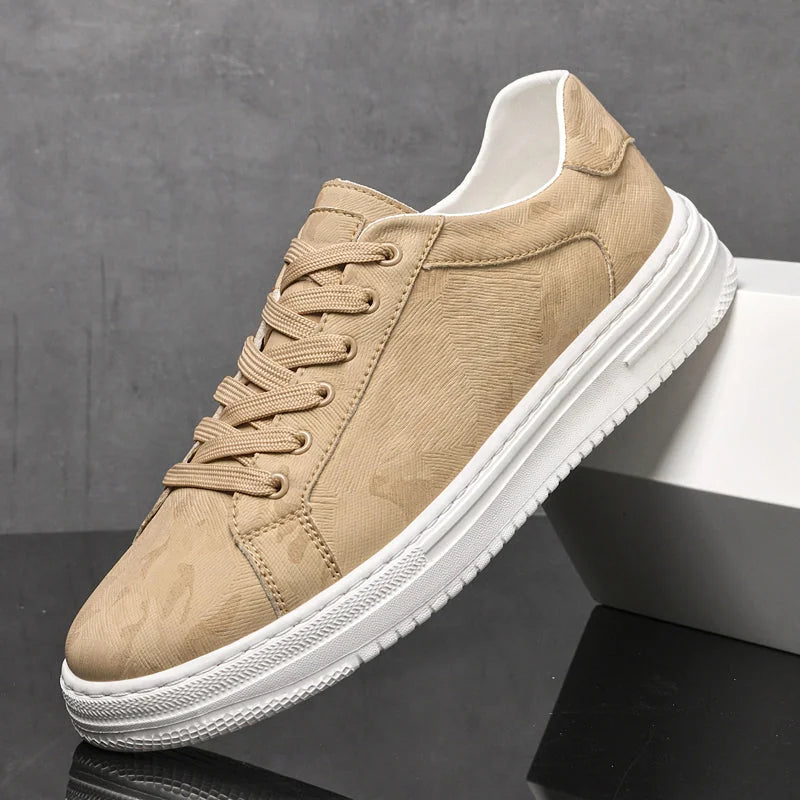 Beige Men's Lace-Up Camo-Textured Sneakers — Zora Cushioned Low-Top Casual - Side Propped Box