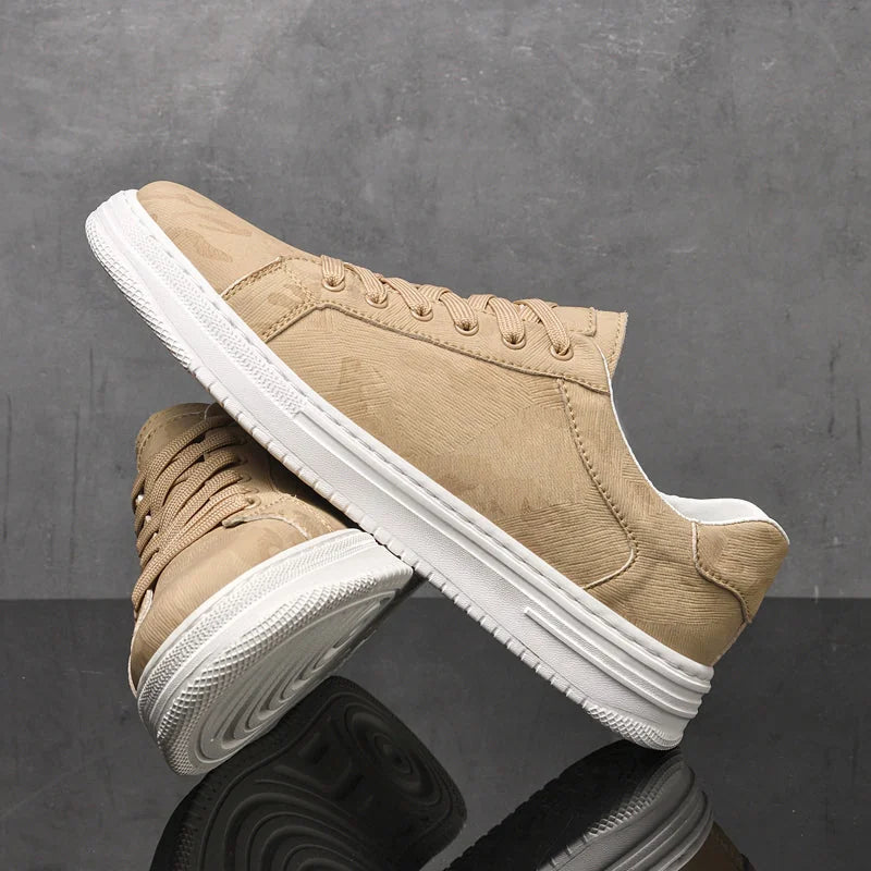 Beige Men's Lace-Up Camo-Textured Sneakers — Zora Cushioned Low-Top Casual - Sole Display