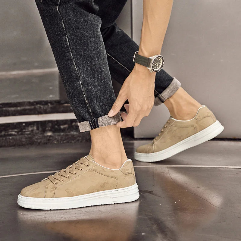 Beige Men's Lace-Up Camo-Textured Sneakers — Zora Cushioned Low-Top Casual - Worn Adjusting Cuff