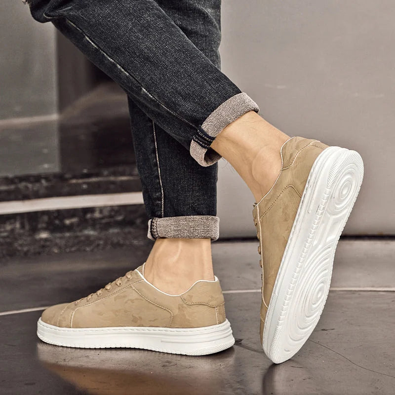 Beige Men's Lace-Up Camo-Textured Sneakers — Zora Cushioned Low-Top Casual - Worn Ankle Detail