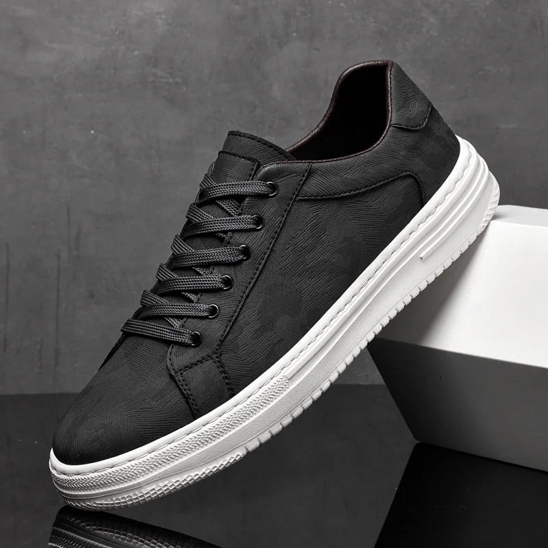 Black Men's Lace-Up Camo-Textured Sneakers — Zora Cushioned Low-Top Casual - Front Side Propped