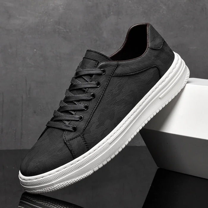 Black Men's Lace-Up Camo-Textured Sneakers — Zora Cushioned Low-Top Casual - Front Side Propped