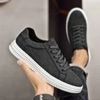 Black Men's Lace-Up Camo-Textured Sneakers — Zora Cushioned Low-Top Casual - Hand Held Side