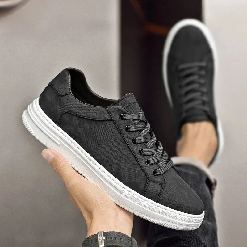 Black Men's Lace-Up Camo-Textured Sneakers — Zora Cushioned Low-Top Casual - Hand Held Side