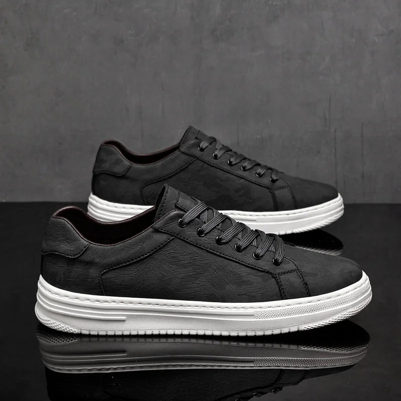 Black Men's Lace-Up Camo-Textured Sneakers — Zora Cushioned Low-Top Casual - Pair Side View