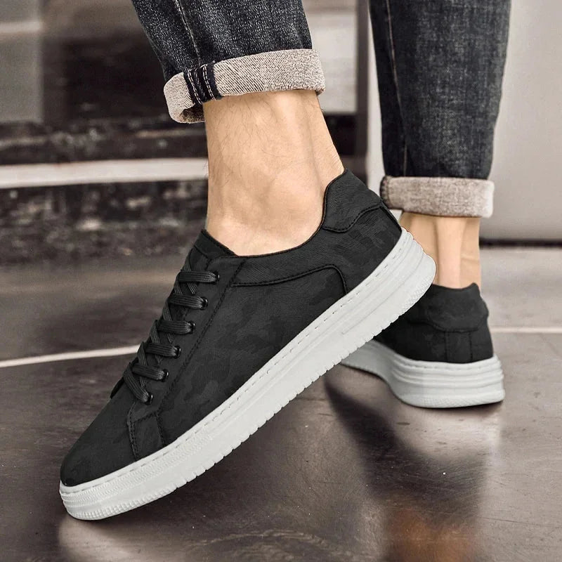Black Men's Lace-Up Camo-Textured Sneakers — Zora Cushioned Low-Top Casual - Worn Ankle Close