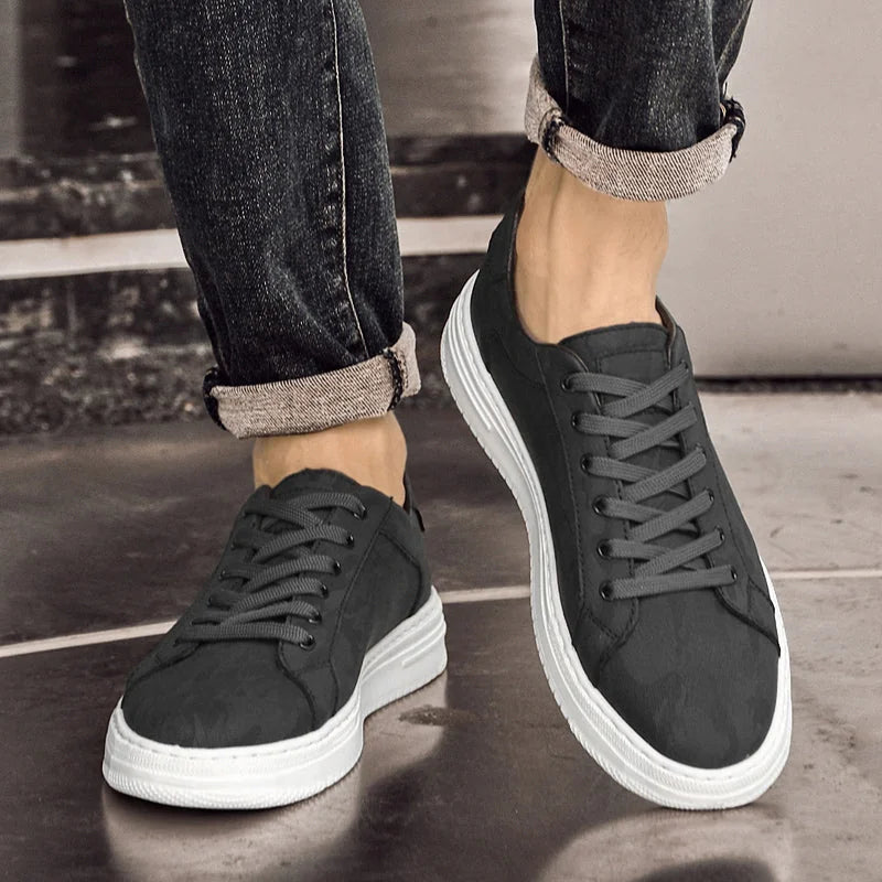 Black Men's Lace-Up Camo-Textured Sneakers — Zora Cushioned Low-Top Casual - Worn Walking