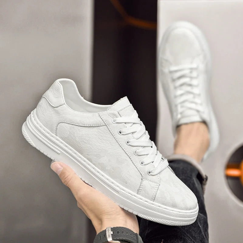 White Men's Lace-Up Camo-Textured Sneakers — Zora Cushioned Low-Top Casual - Hand Held