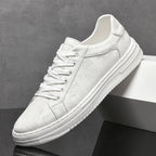 White Men's Lace-Up Camo-Textured Sneakers — Zora Cushioned Low-Top Casual - Side Propped