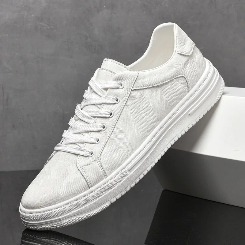 White Men's Lace-Up Camo-Textured Sneakers — Zora Cushioned Low-Top Casual - Side Propped