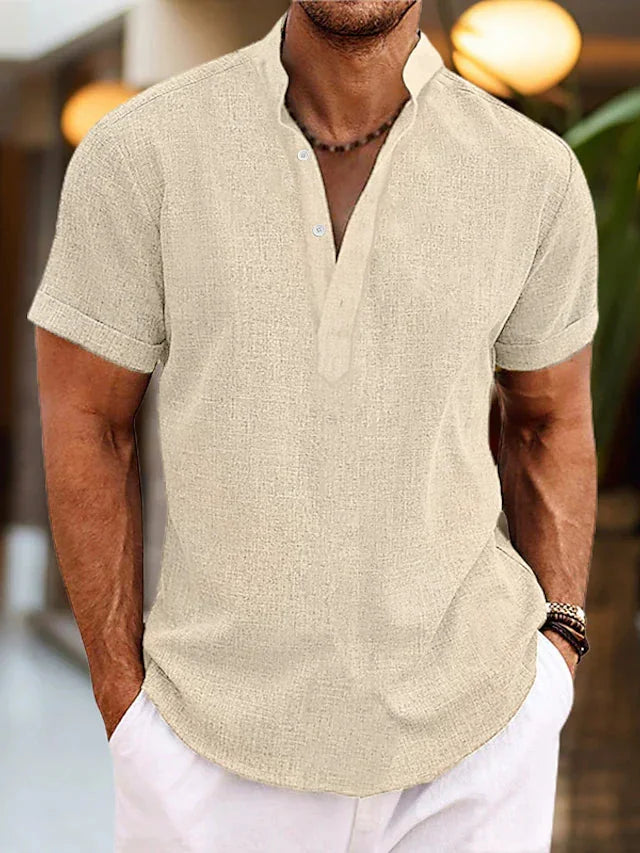 Beige Men's Linen Henley Shirt — Mason Short Sleeve Mandarin Collar - Front Casual