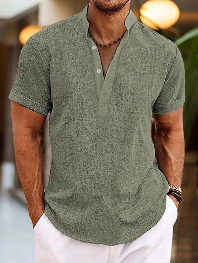 Green Men's Linen Henley Shirt — Mason Short Sleeve Mandarin Collar - Front Side