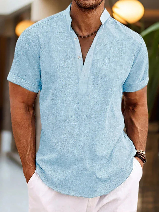 Light Blue Men's Linen Henley Shirt — Mason Short Sleeve Mandarin Collar - Front Pose