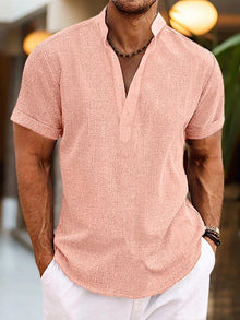 Men's Linen Henley Shirt — Mason Short Sleeve Mandarin Collar