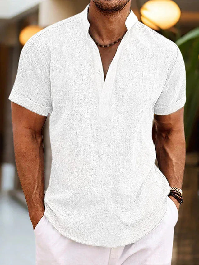 White Men's Linen Henley Shirt — Mason Short Sleeve Mandarin Collar - Front Studio