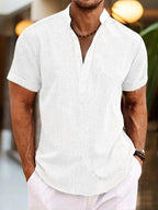 White Men's Linen Henley Shirt — Mason Short Sleeve Mandarin Collar - Front Studio