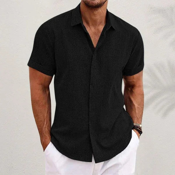 Black Men's Linen Shirt — Alfie Short Sleeve Button-Front Casual - Front Pose
