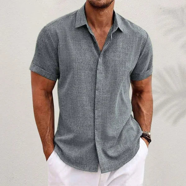 Gray Men's Linen Shirt — Alfie Short Sleeve Button-Front Casual - Front Studio