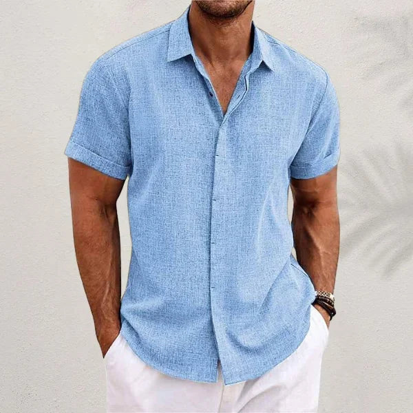 Light Blue Men's Linen Shirt — Alfie Short Sleeve Button-Front Casual - Front Casual