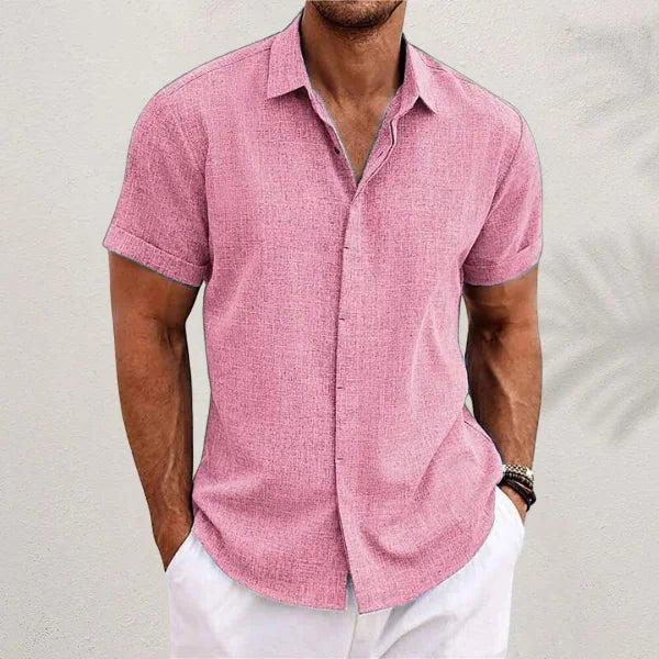 Pink Men's Linen Shirt — Alfie Short Sleeve Button-Front Casual - Front Styled