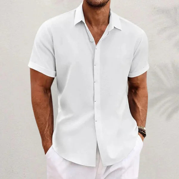 White Men's Linen Shirt — Alfie Short Sleeve Button-Front Casual - Front Hands Pocket