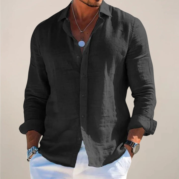 Black Men's Long Sleeve Linen Shirt — Lincoln Button-Up Relaxed Casual - Front Relaxed