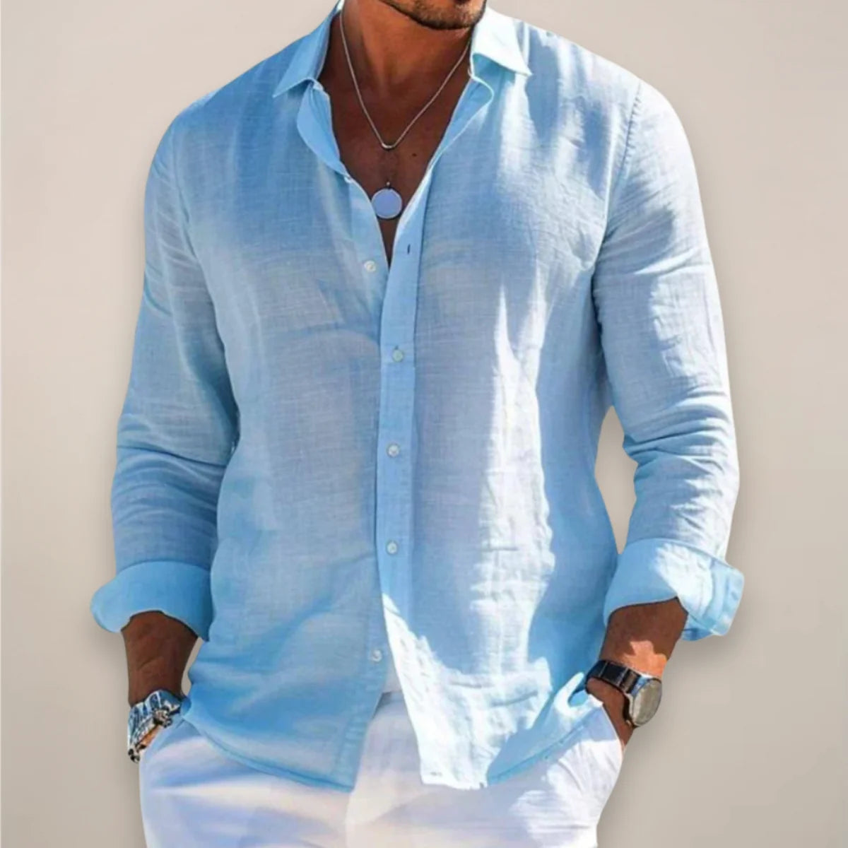 Blue Men's Long Sleeve Linen Shirt — Lincoln Button-Up Relaxed Casual - Front Styled