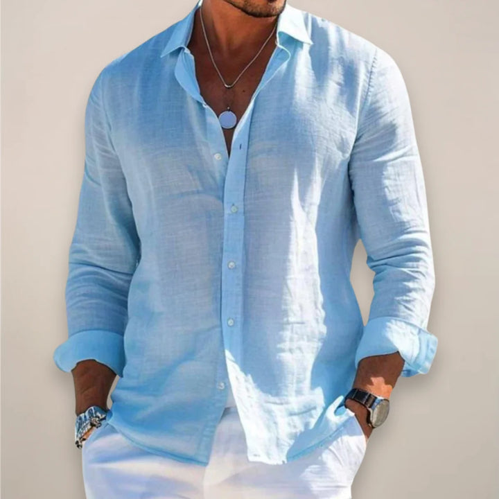 Blue Men's Long Sleeve Linen Shirt — Lincoln Button-Up Relaxed Casual - Front Styled