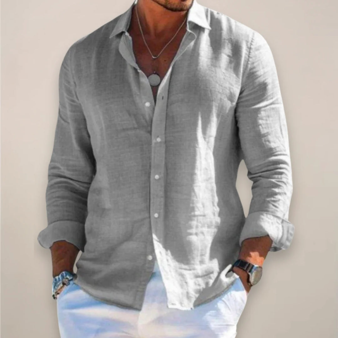 Grey Men's Long Sleeve Linen Shirt — Lincoln Button-Up Relaxed Casual - Front Full