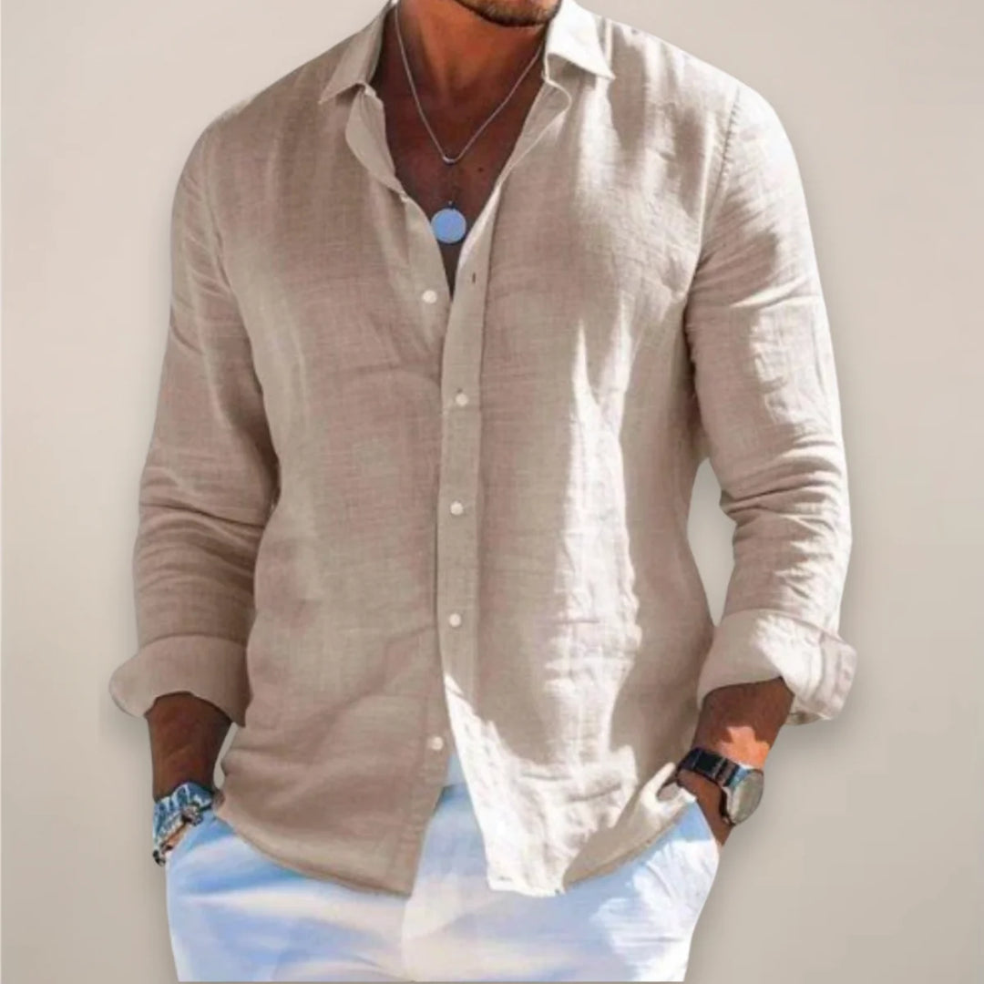 Khaki Men's Long Sleeve Linen Shirt — Lincoln Button-Up Relaxed Casual - Front Neutral