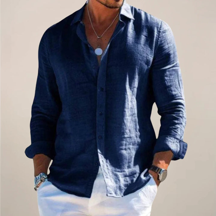 Navy Blue Men's Long Sleeve Linen Shirt — Lincoln Button-Up Relaxed Casual - Front Hands Pocket