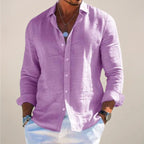 Purple Men's Long Sleeve Linen Shirt — Lincoln Button-Up Relaxed Casual - Front Casual