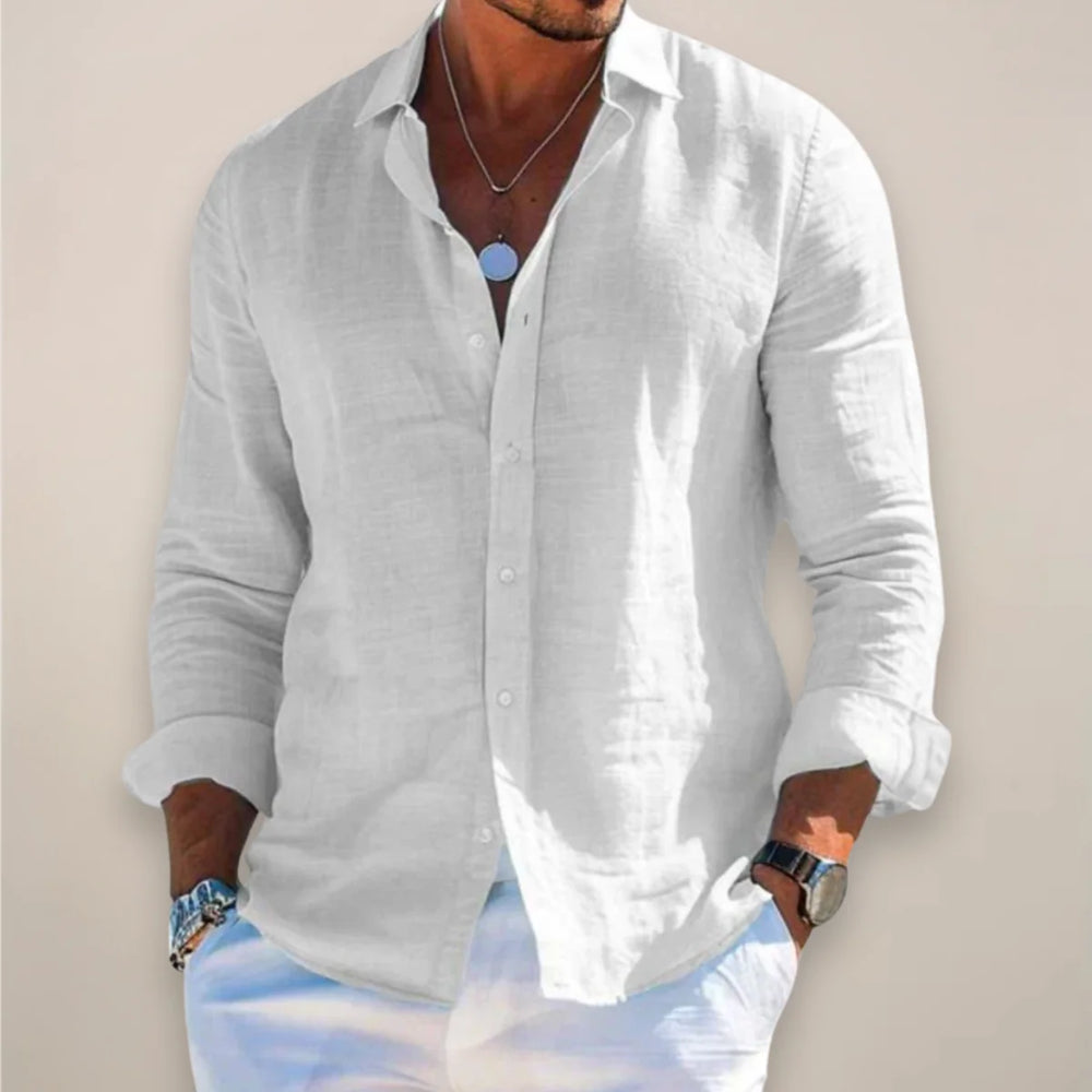 White Men's Long Sleeve Linen Shirt — Lincoln Button-Up Relaxed Casual - Front Pose