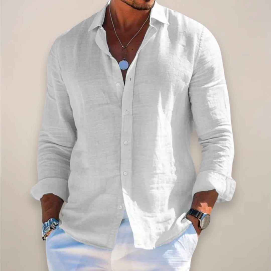 White Men's Long Sleeve Linen Shirt — Lincoln Button-Up Relaxed Casual - Front Pose