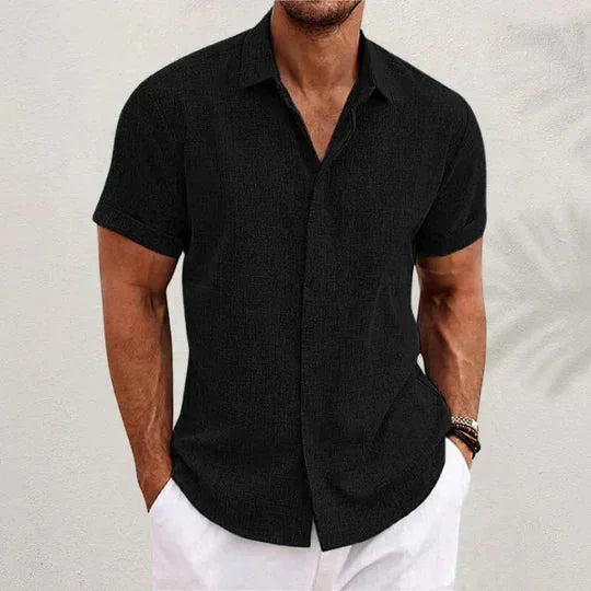 Black Men's Short Sleeve Linen Shirt — George Button-Front Summer Casual - Front Clean