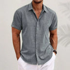 Grey Men's Short Sleeve Linen Shirt — George Button-Front Summer Casual - Front Relaxed