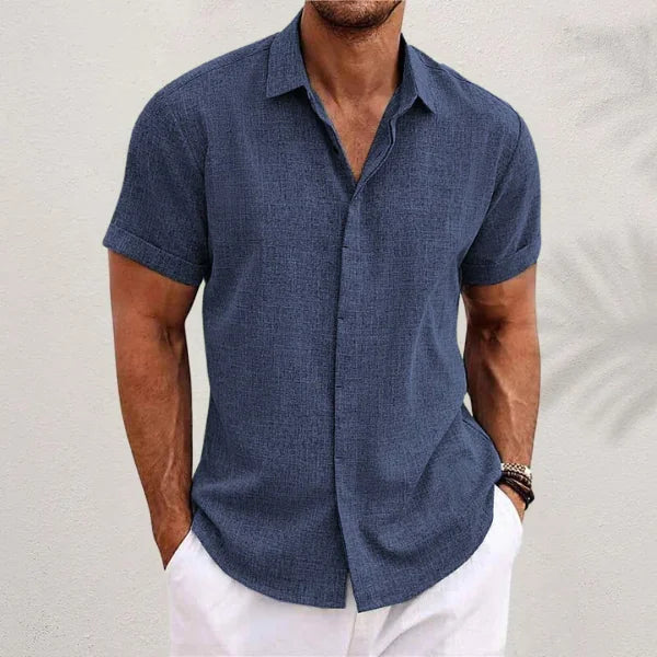 Navy Blue Men's Short Sleeve Linen Shirt — George Button-Front Summer Casual - Front Pose