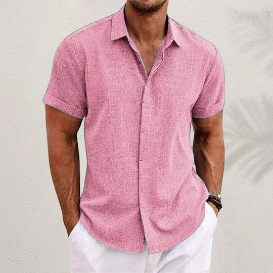 Pink Men's Short Sleeve Linen Shirt — George Button-Front Summer Casual - Front Hands Pockets