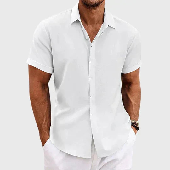 White Men's Short Sleeve Linen Shirt — George Button-Front Summer Casual - Front Bright