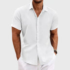 White Men's Short Sleeve Linen Shirt — George Button-Front Summer Casual - Front Bright